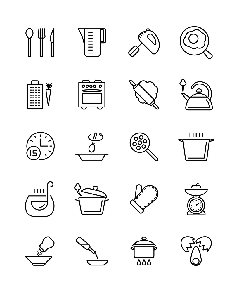 Cooking, food preparation and kitchen tools vector icons. Kitchen utensil and cooking tool spoon and fork illustration. Cooking, food preparation and kitchen tools vector icons