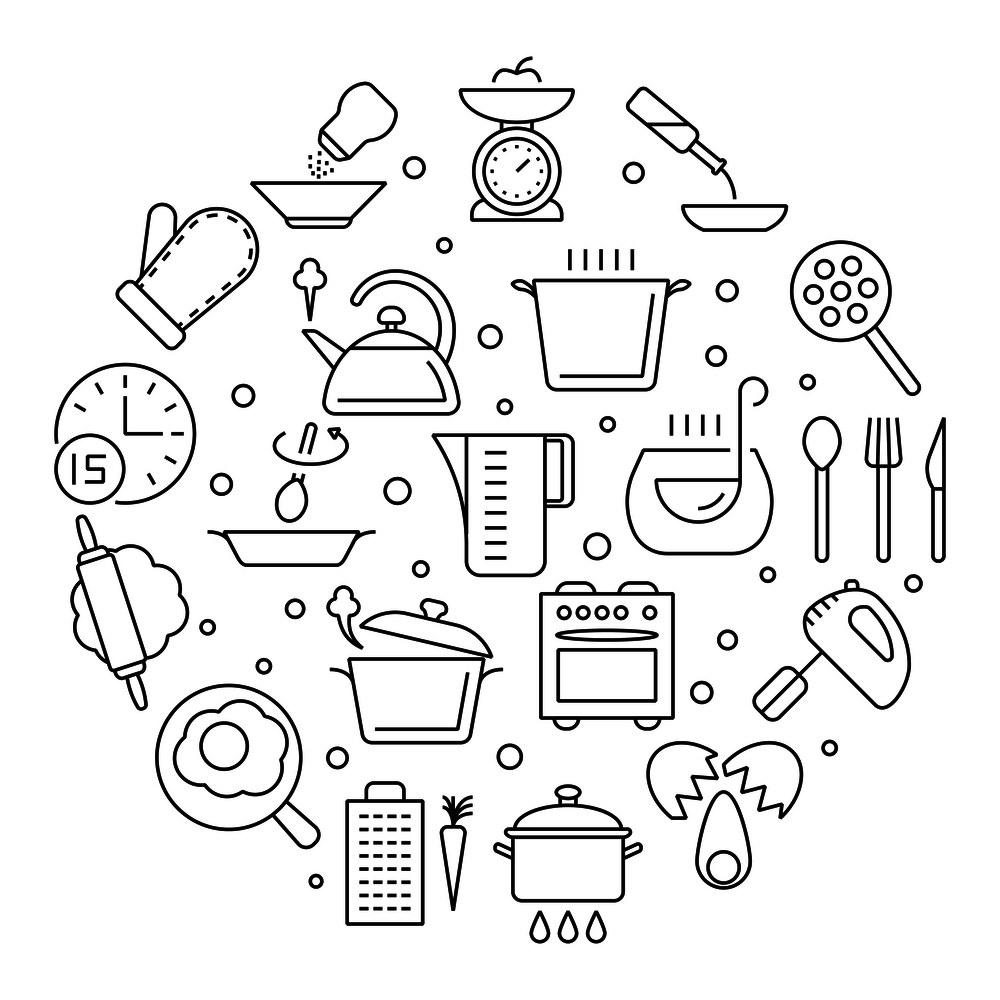 Cooking foods and kitchen tools thin line vector icons. Linear icons scale and fry egg, round form kitchen badge with kettle and blender illustration. Cooking foods and kitchen tools thin line vector icons