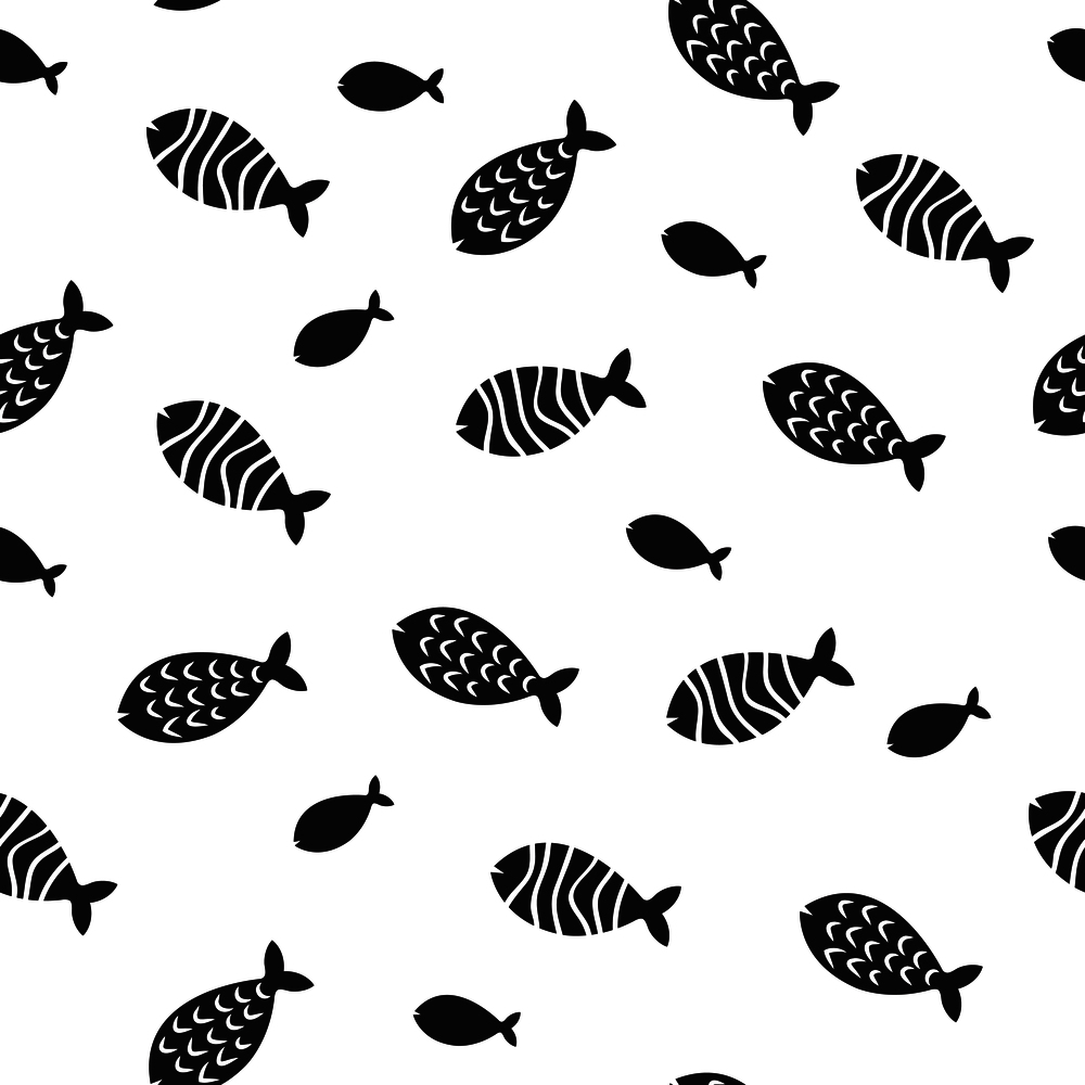 Swimming fish vector seamless pattern. Small silhouette fishes endless decoration. Monochrome fish pattern silhouette, seamless background underwater simple fish illustration. Swimming fish vector seamless pattern. Small silhouette fishes endless decoration