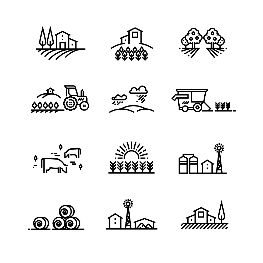 Village line landscapes with agricultural field and farm buildings. Linear farming vector concepts. Farmland and field, illustration of agriculture garden and plantation. Village line landscapes with agricultural field and farm buildings. Linear farming vector concepts
