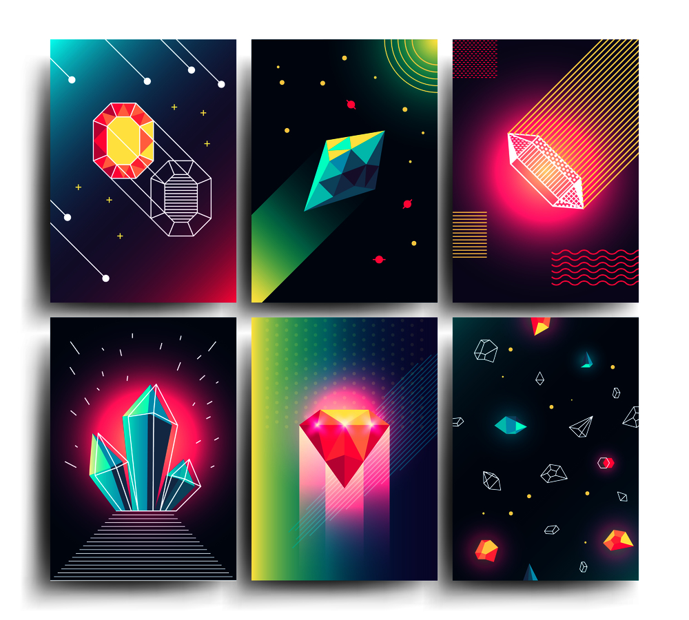 Abstract trendy vector cosmic posters with crystal gems and pyramid geometric shapes. Neon galaxy backgrounds in 80s style. Poster with geometric polygon pyramid or crystal illustration. Abstract trendy vector cosmic posters with crystal gems and pyramid geometric shapes. Neon galaxy backgrounds in 80s style