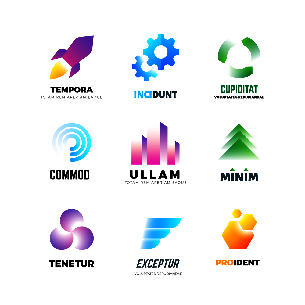 Business company vector logo set. Abstract modern geometric emblems with shape in motion and color. Emblem business company, color motion brand logo illustration. Business company vector logo set. Abstract modern geometric emblems with shape in motion and color