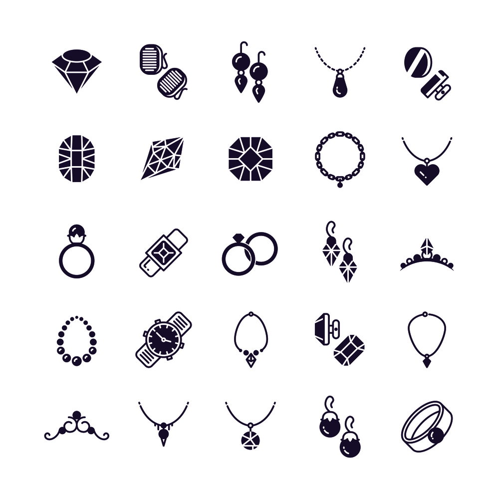 Jewelry vector silhouette icons set. Earrings with diamond, wedding rings and woman necklace pictograms isolated on white. Necklace and diamond, fashion ring and jewelry illustration. Jewelry vector silhouette icons set. Earrings with diamond, wedding rings and woman necklace pictograms isolated on white