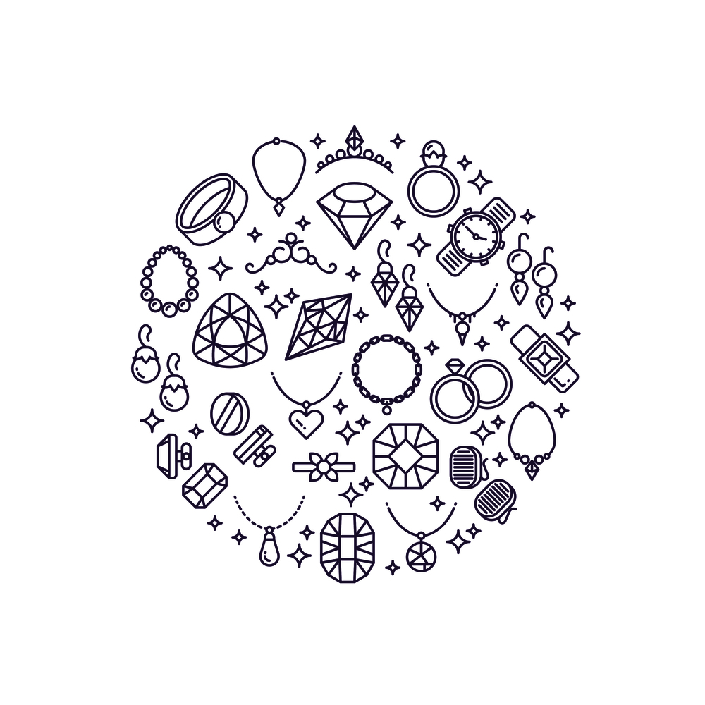 Jewelry and gemstones line vector icons. Luxury concept for jewelry store. Gemstone and diamonds round emblem. Jewelry and gemstones line vector icons. Luxury concept for jewelry store