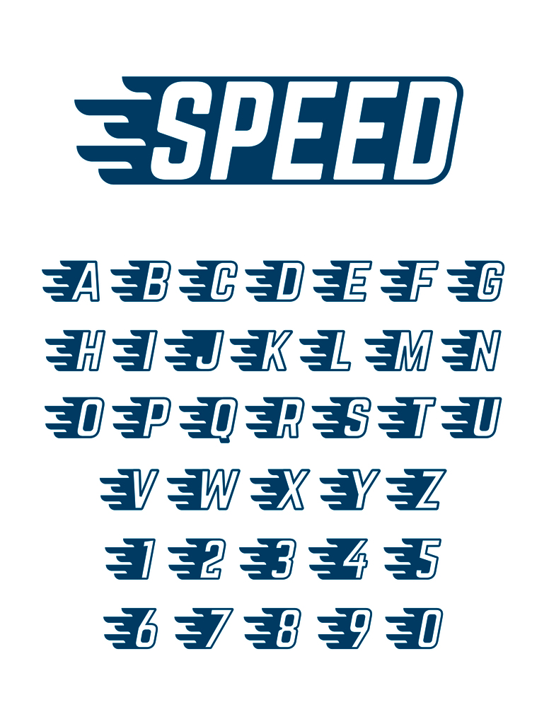 Speed flying vector alphabet. Fast symbols typeface for racing car team, retro posters and sportswear. Sport fast alphabet, speed alphabetical and numbers illustration. Speed flying vector alphabet. Fast symbols typeface for racing car team, retro posters and sportswear