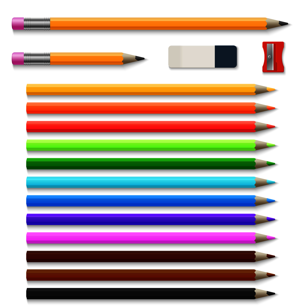 Colored pencils, eraser and sharpener isolated on white vector set. Colored pencils and eraser, school tools crayons illustration. Colored pencils, eraser and sharpener isolated on white vector set