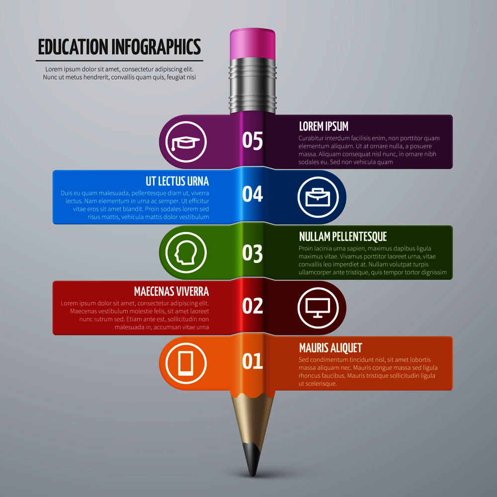 Business learning and school education vector infographic template with pencil and options. Graphic school infographic education illustration. Business learning and school education vector infographic template with pencil and options