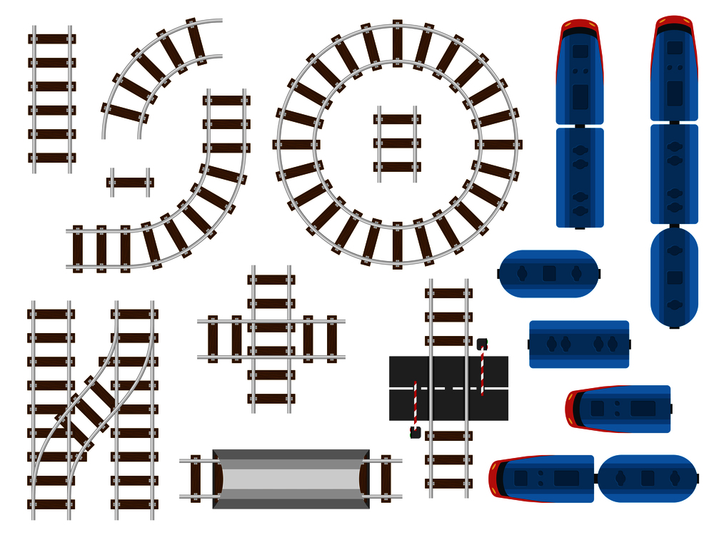Top view railway tracks and railroad transport - trains, carriage and car. Rail road round for train, railway transport illustration. Top view railway tracks and railroad transport - trains, carriage and car
