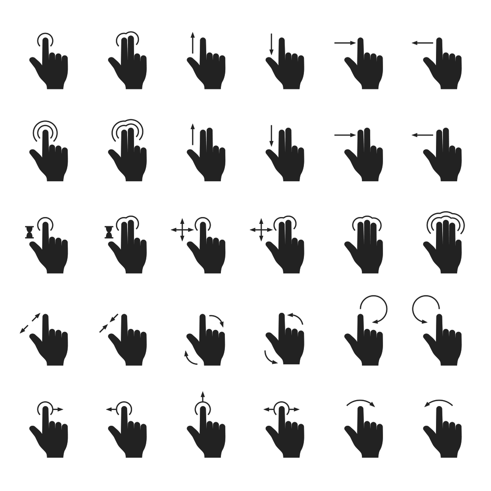 Hand swipe and drag gesture vector icons with touching action arrows for touch screen device. Finger gesture action for use smart phone illustration. Hand swipe and drag gesture vector icons with touching action arrows for touch screen device