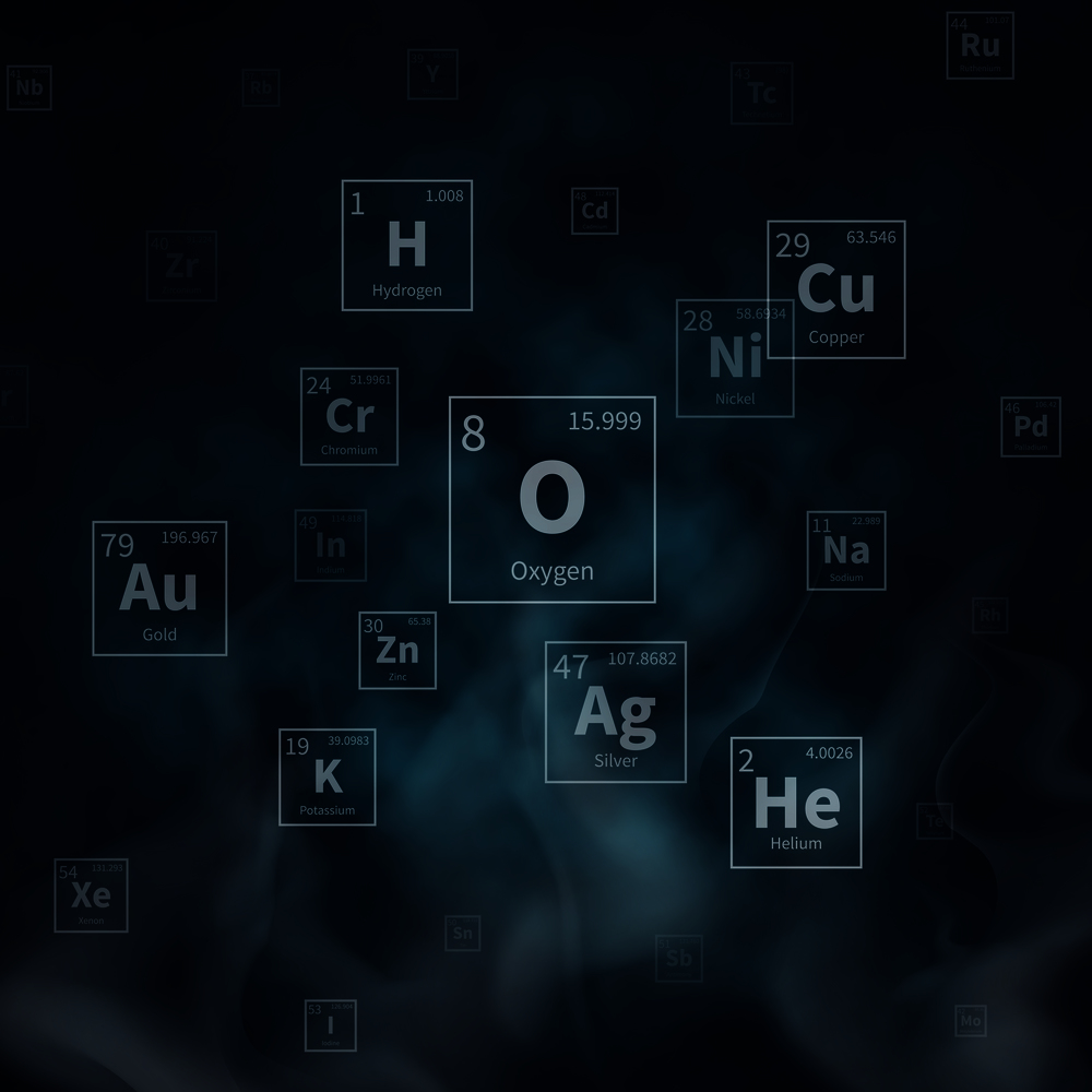 Scientific vector background with chemical elements symbols and white smoke. Scientific chemistry molecular atomic helium and copper, oxygen and hydrogen, gold and silver illustration. Scientific vector background with chemical elements symbols and white smoke
