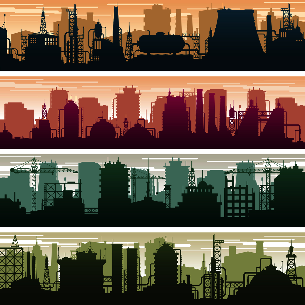 Modern building of gas and oil station, power plant and factory silhouettes. Industry landscapes vector set. Factory power building, industry plant station illustration. Modern building of gas and oil station, power plant and factory silhouettes. Industry landscapes vector set