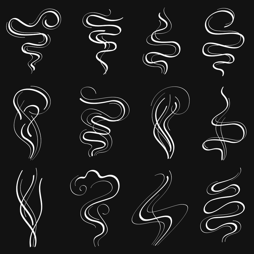 Smoke steam vector set. Smell and fumes line icons isolated on white. Linear smell smoke from cigarette illustration. Smoke steam vector set. Smell and fumes line icons isolated on white