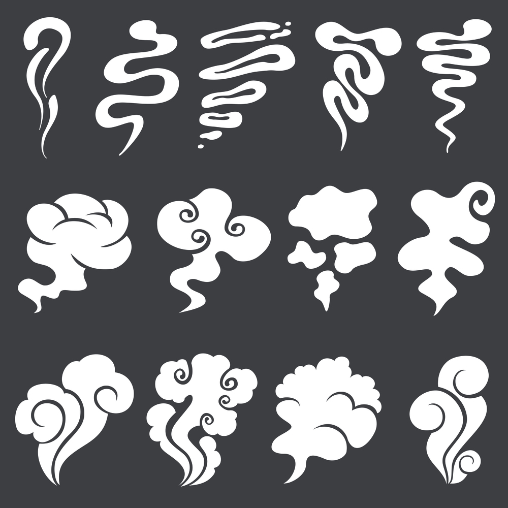 Cartoon smoke and dust clouds. Comic puff and steam vector set. Comic white stench aroma or smell illustration. Cartoon smoke and dust clouds. Comic puff and steam vector set