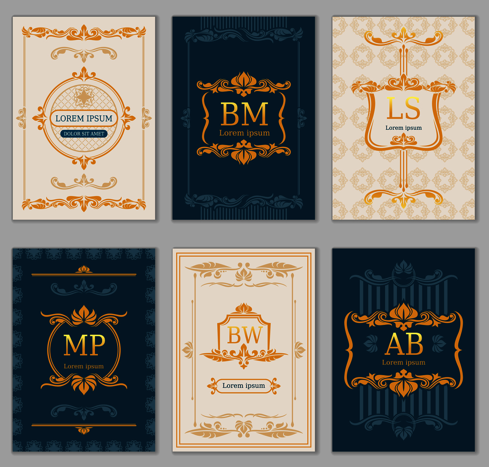 Royal wedding design. Vector card templates with ornamental monograms. Illustration of banner with royal monogram. Royal wedding design. Vector card templates with ornamental monograms