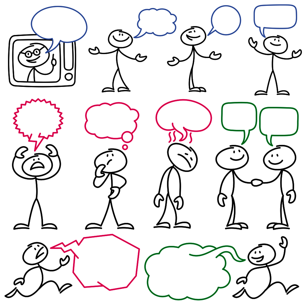 Vector sketch stick figures with blank dialog bubbles. Stick man figure and speech bubble communication illustration. Vector sketch stick figures with blank dialog bubbles