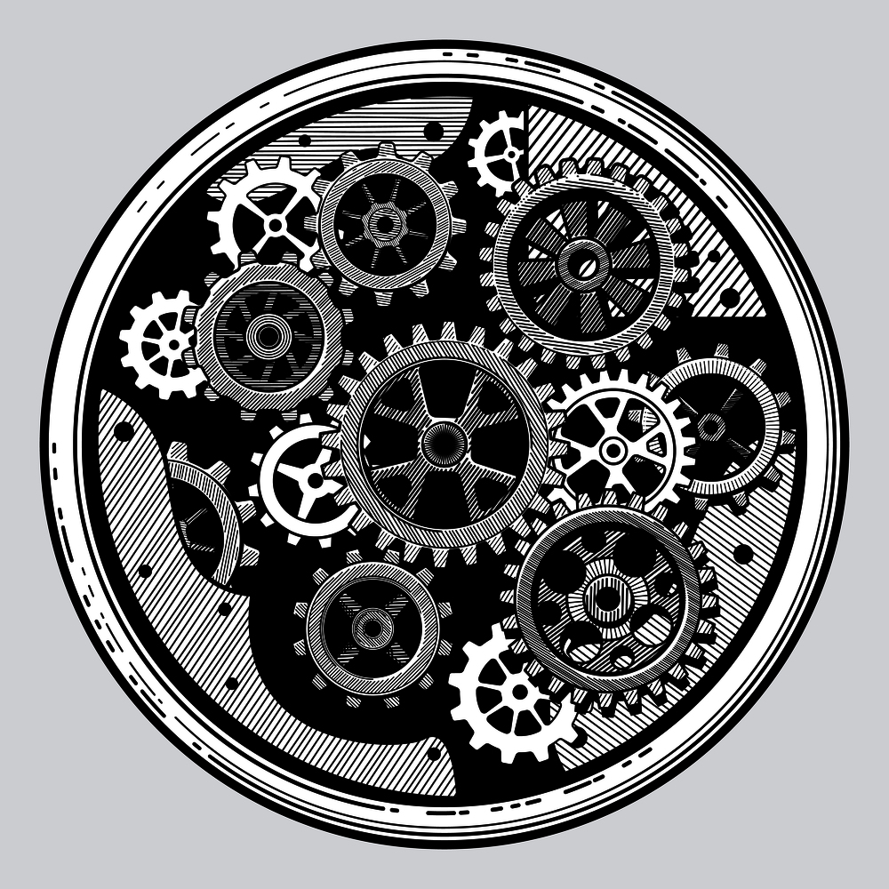Vintage industrial machinery with gears. Cogwheel transmission in hand drawn old style vector illustration. Equipment with machinery sketch transmission cogwheel. Vintage industrial machinery with gears. Cogwheel transmission in hand drawn old style vector illustration