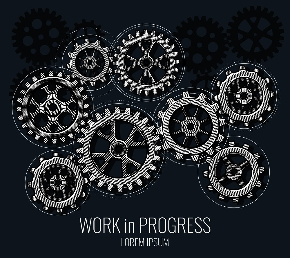 Business teamwork and communication vector concept with hand drawn gears. Abstract technology vector background with sketch cog wheels. Concept teamwork drawing engineering cogwheel illustration. Business teamwork and communication vector concept with hand drawn gears. Abstract technology vector background with sketch cog wheels