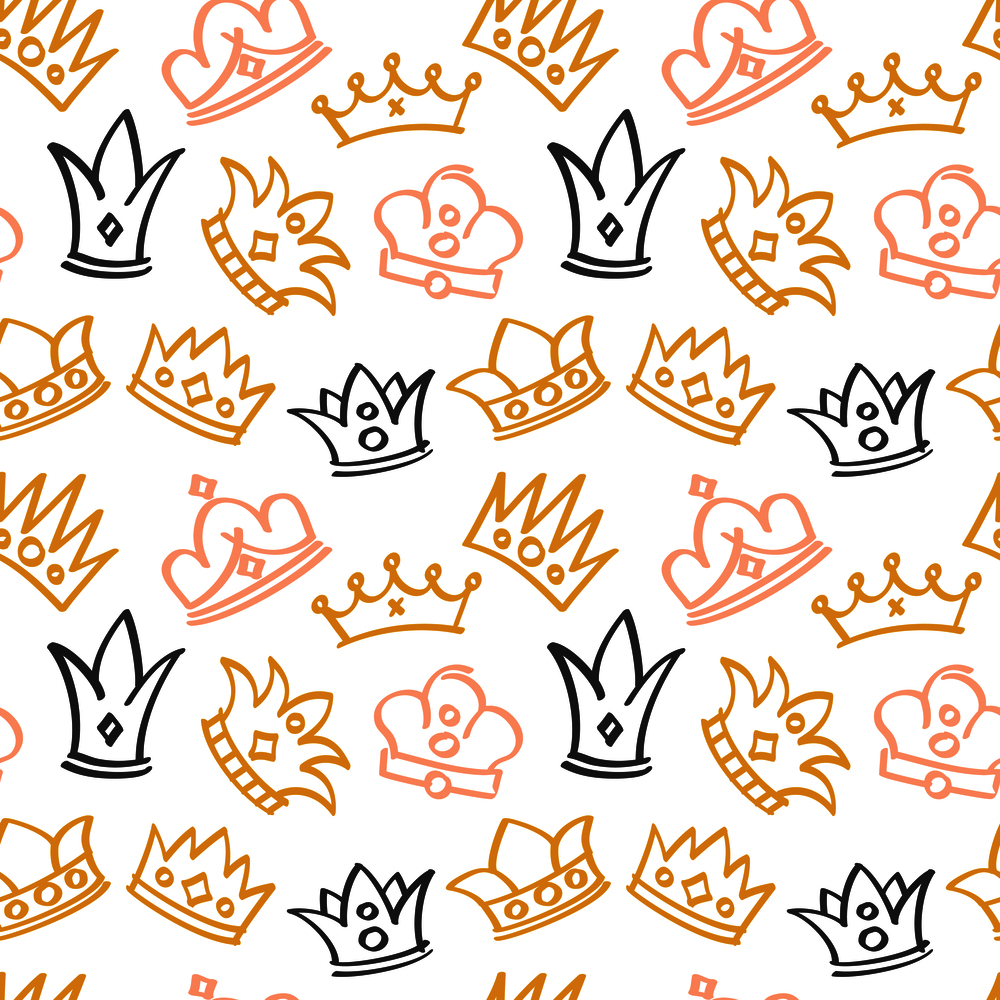 Newborn cute girl vector seamless pattern with doodle crowns. Background with crown doodle illustration. Newborn cute girl vector seamless pattern with doodle crowns