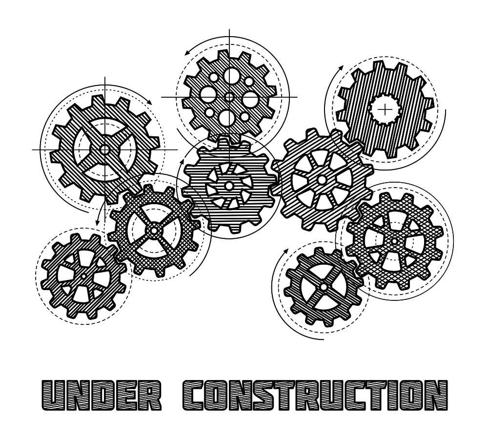Under construction website vector concept with hand drawn gears. Banner under construction with sketch cogwheel illustration. Under construction website vector concept with hand drawn gears