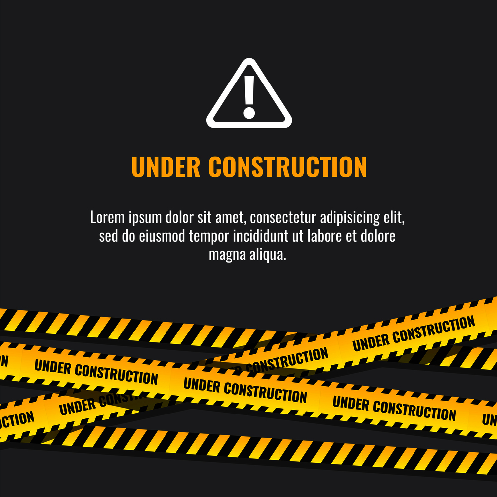 Under construction website page with black and yellow striped borders vector illustration. Border stripe web, warning banner. Under construction website page with black and yellow striped borders vector illustration