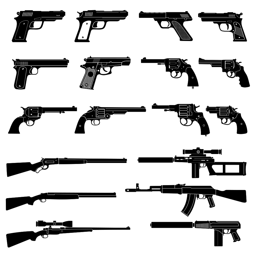 Gun and automatic weapon vector icons. Military combat firearms pictograms. Gun and automatic weapon, rifle and firearm, vector illustration. Gun and automatic weapon vector icons. Military combat firearms pictograms