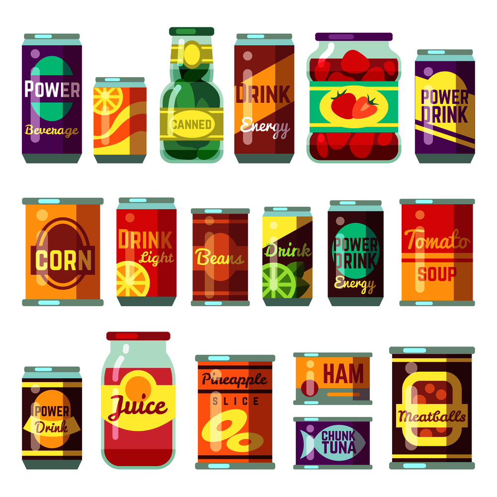 Canned goods vector set. Tinned food, conservation tomato soup and vegetables. Tin container conserve, canned tomato soup illustration. Canned goods vector set. Tinned food, conservation tomato soup and vegetables