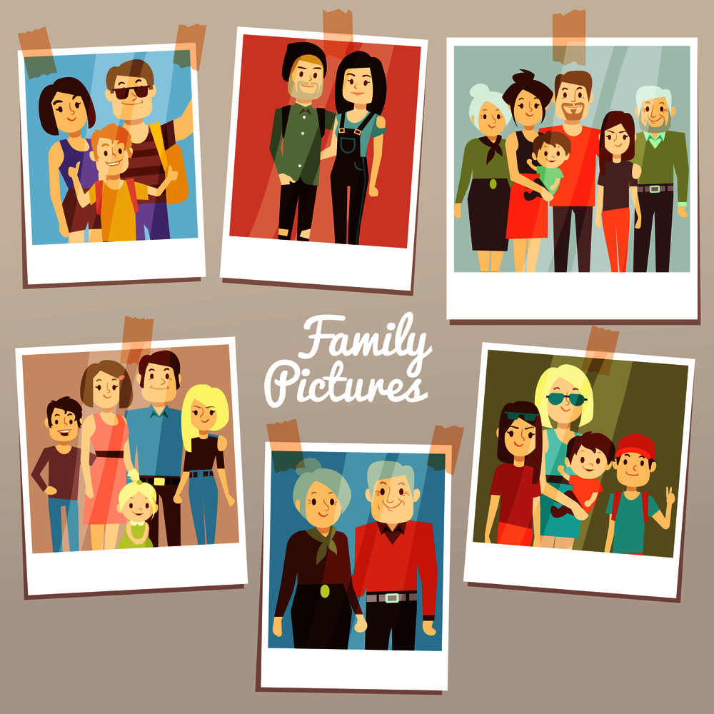 Happy family pictures with different generations vector set. Photo familys memories. Grandfather and grandmother, family photo illustration. Happy family pictures with different generations vector set. Photo familys memories