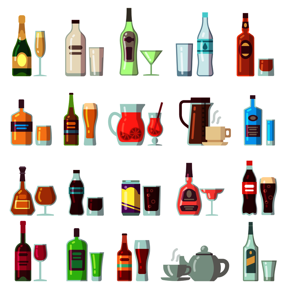 Alcoholic and soft drinks. Beverages in glass and bottles flat vector icons. Cocktail and alcohol bottle, coffee and drink beverage illustration. Alcoholic and soft drinks. Beverages in glass and bottles flat vector icons