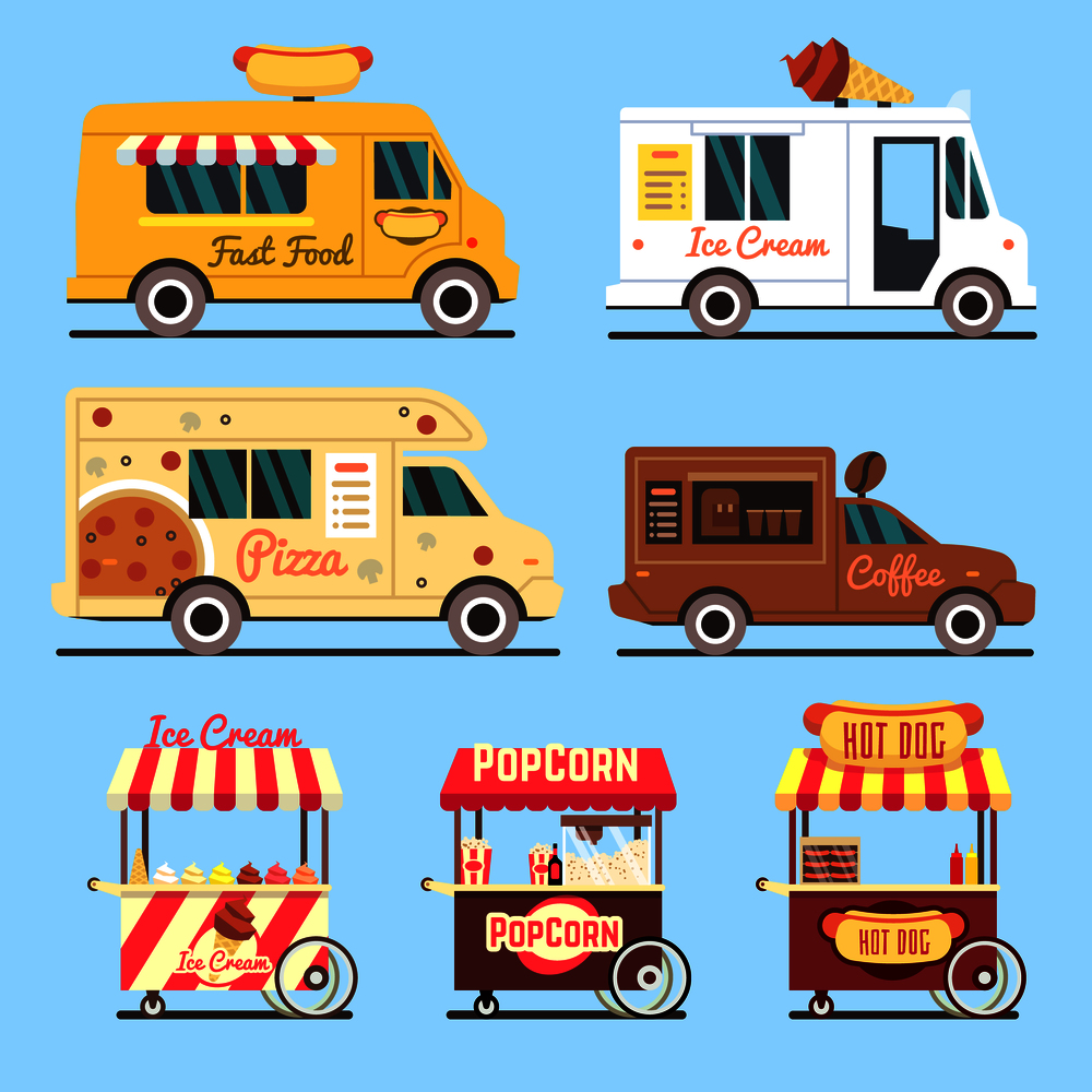Street fast food delivery trucks flat set. Food street fast truck, vector illustration. Street fast food delivery trucks flat set