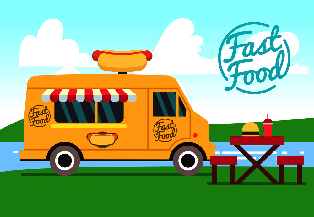 Outdoor cafe with food truck and tables. Street food small business vector concept. Fast food truck with table and chair illustration. Outdoor cafe with food truck and tables. Street food small business vector concept