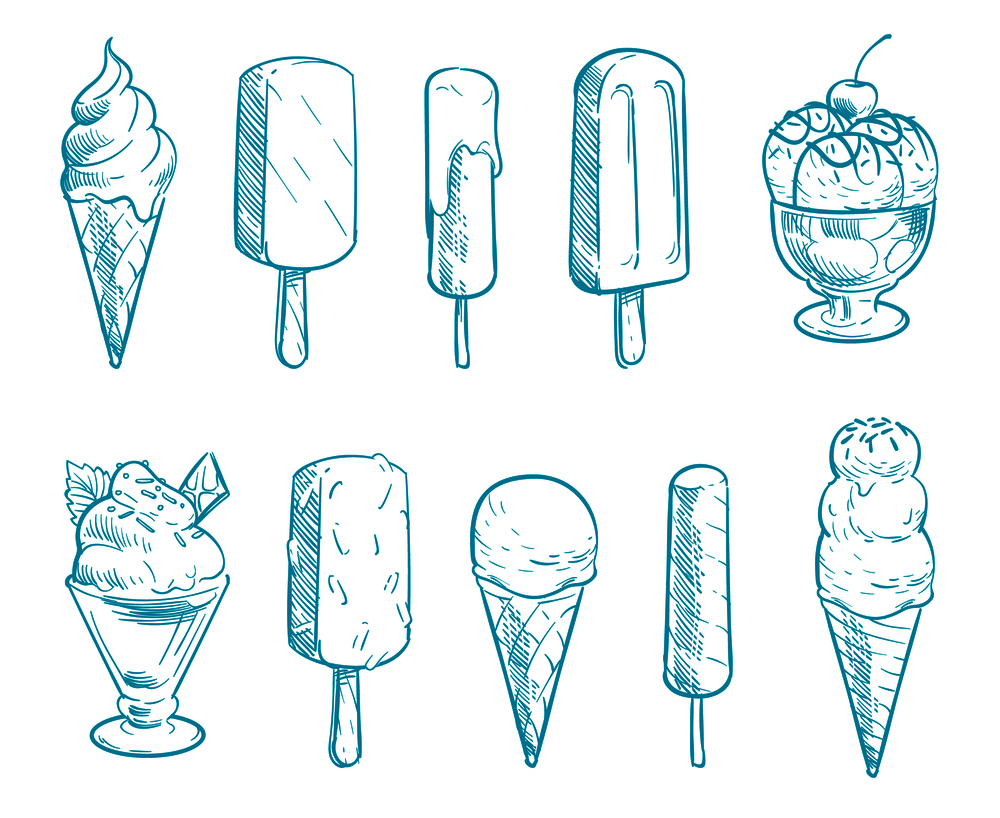 Doodle ice cream cones vector set. Hand drawn cartoon ice creams. Summer food cartoon, dessert ice cream cone illustration. Doodle ice cream cones vector set. Hand drawn cartoon ice creams