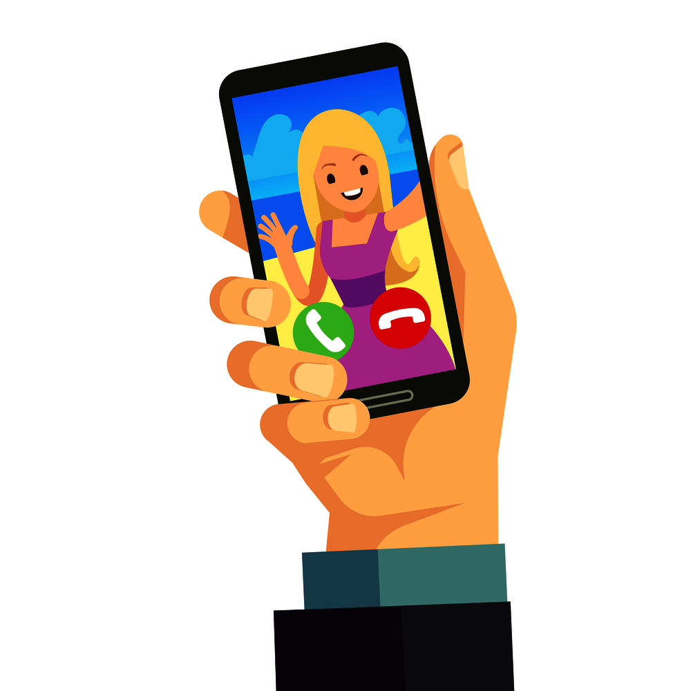 Video call with young happy woman using smartphone. Online mobile conference vector background. Mobile online video call illustration. Video call with young happy woman using smartphone. Online mobile conference vector background