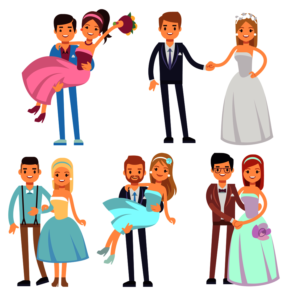 Happy smiling wedding couples isolated vector set. Young brides and grooms cartoon characters. Cartoon woman young wedding, happy love wife and groom illustration. Happy smiling wedding couples isolated vector set. Young brides and grooms cartoon characters