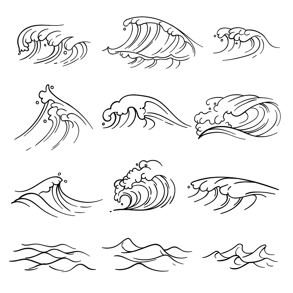 Hand drawn ocean waves vector set. Sea storm wave isolated. Nature wave water storm linear style illustration. Hand drawn ocean waves vector set. Sea storm wave isolated
