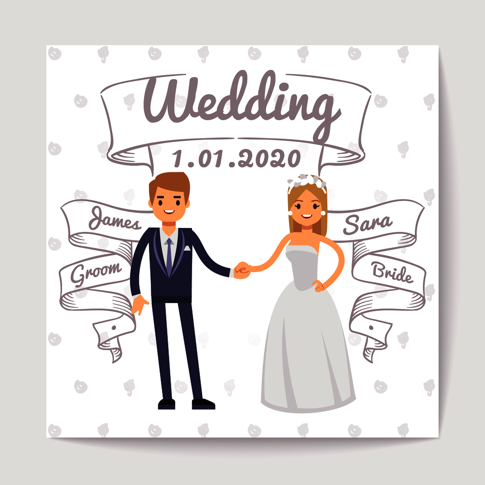 Wedding invitation card with just married young couple and them names on hand drawn ribbons vector template. Wedding invitation couple woman and man illustration. Wedding invitation card with just married young couple and them names on hand drawn ribbons vector template