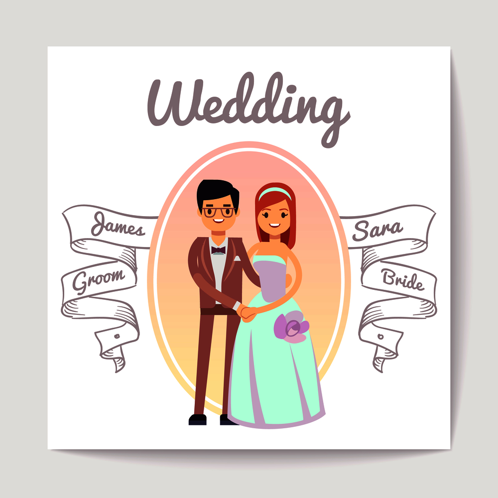 Cartoon married or engaged couple bride and groom wedding vector card. Wedding banner with groom and bride illustration. Cartoon married or engaged couple bride and groom wedding vector card