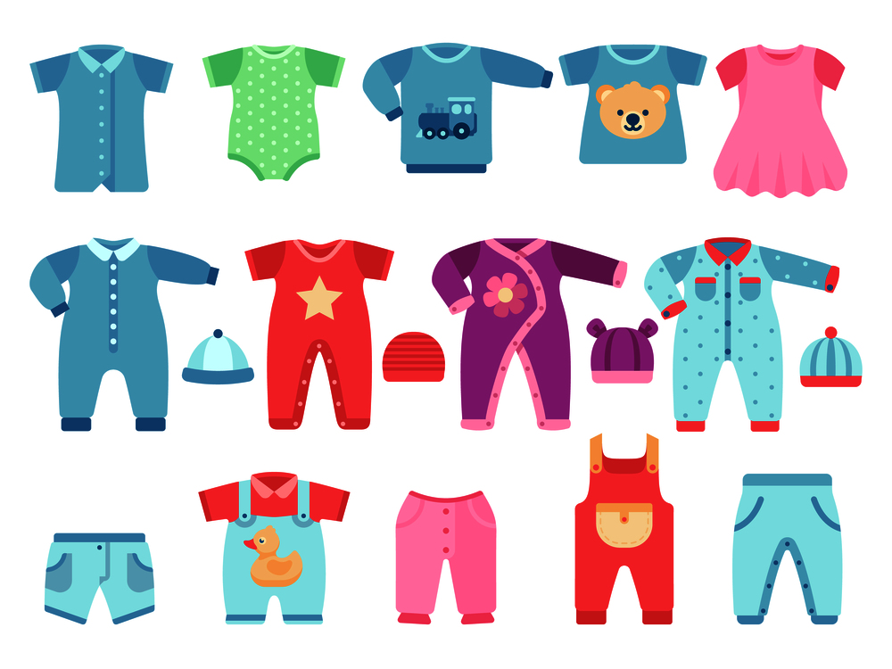 Boy and girl baby garments. Infant vector clothes. Clothing infant baby dress and suit illustration. Boy and girl baby garments. Infant vector clothes