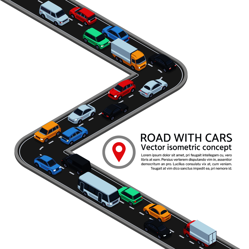 Isometric street with cars. 3d highway and vehicles vector concept. Highway street with vehicle car transportation illustration. Isometric street with cars. 3d highway and vehicles vector concept