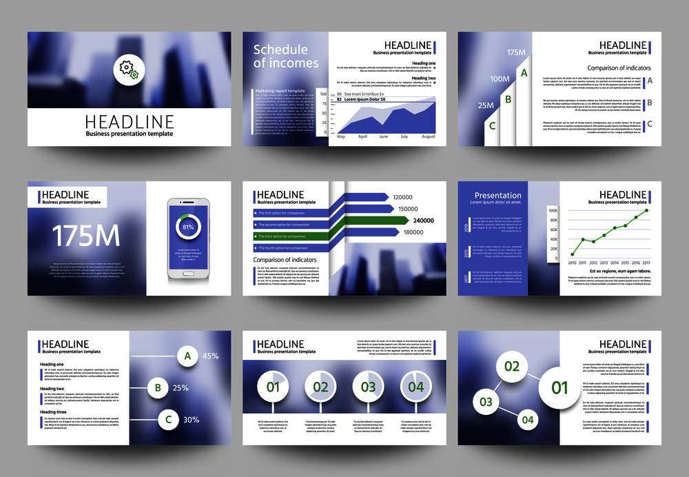 Multipurpose business presentation vector templates with blurred photo elements. Corporate brochure design with infographic elements. Promotion annual banner card with blurred backdrop illustration. Multipurpose business presentation vector templates with blurred photo elements. Corporate brochure design with infographic elements