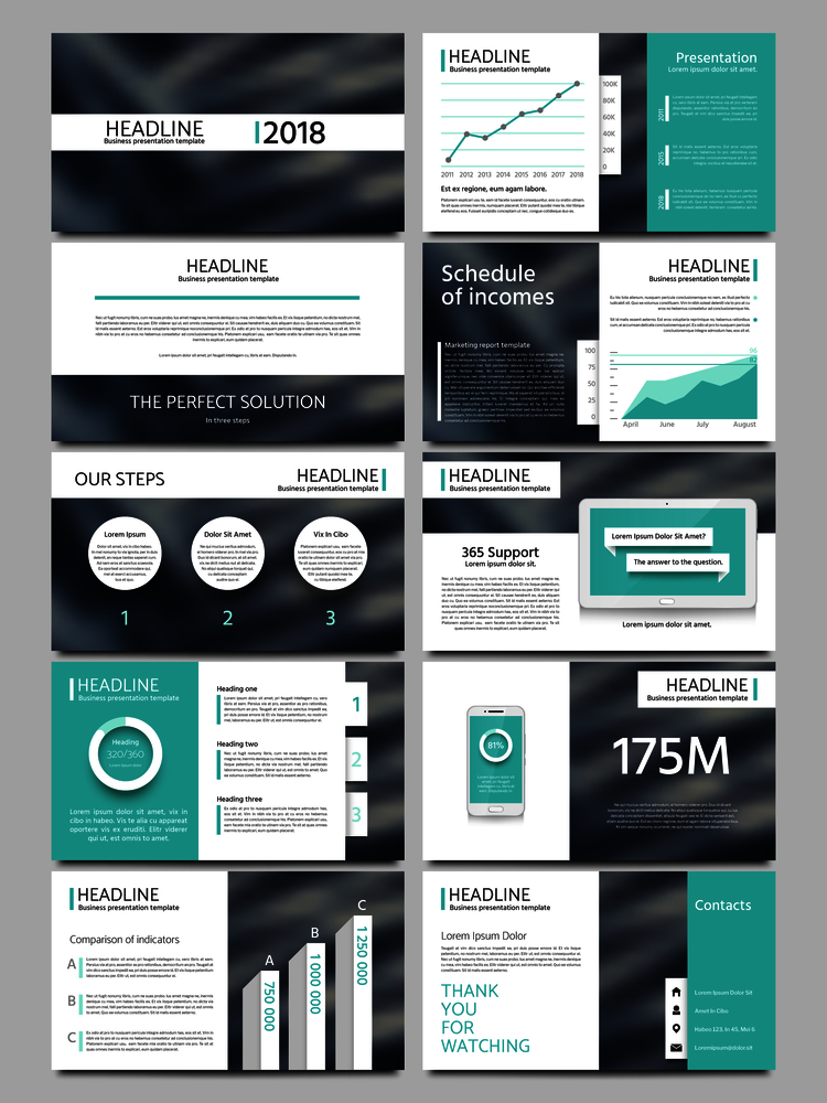 Keynote style business presentation vector template. Multipurpose corporate brochure or booklet with infographic charts. Layout leaflet for business presentation illustration. Keynote style business presentation vector template. Multipurpose corporate brochure or booklet with infographic charts