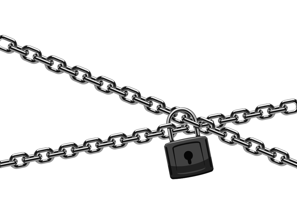 Padlock and steel chain. Finance security and computer safety vector concept. Chain steel with padlock illustration. Padlock and steel chain. Finance security and computer safety vector concept