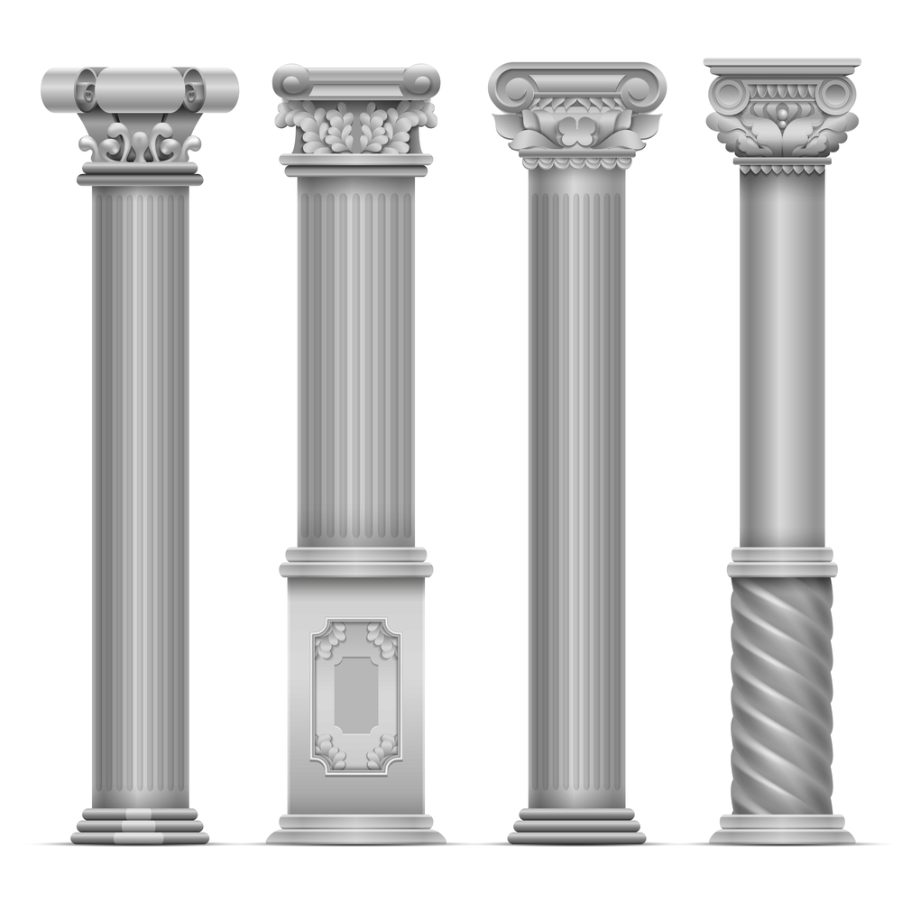 Realistic white antique roman column vector set. Building stone columns. Antique building architecture column illustration. Realistic white antique roman column vector set. Building stone columns