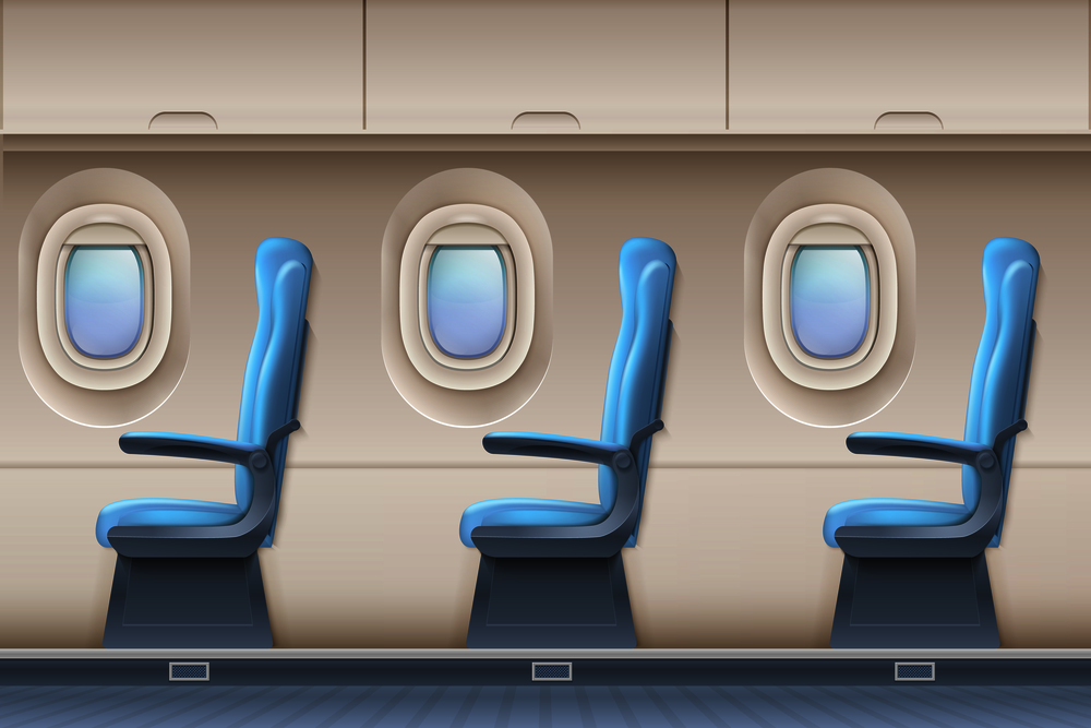 Passenger airplane vector interior. Aircraft indoor with comfortable chairs and portholes. Interior of aircraft and airplane illustration. Passenger airplane vector interior. Aircraft indoor with comfortable chairs and portholes