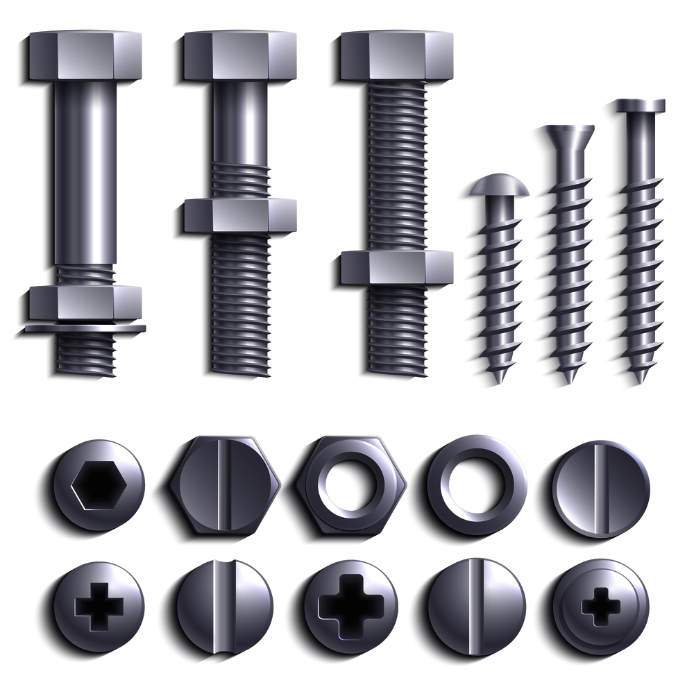 Metal screws, steel bolts, nuts, nails and rivets isolated on white vector set. Construction steel screw and nut, rivet and bolt metal illustration. Metal screws, steel bolts, nuts, nails and rivets isolated on white vector set