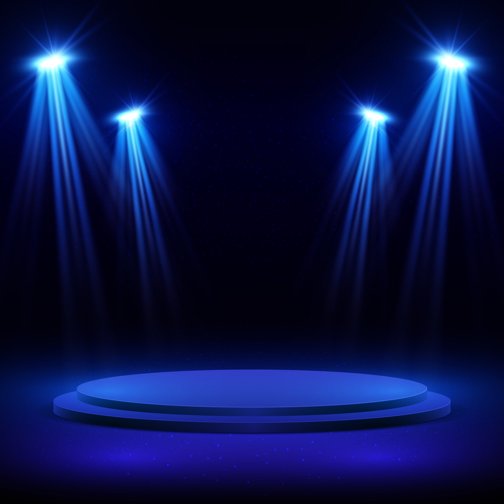 Concert stage with spot light lighting. Show performance vector background. Stage with spotlight for show illuminated illustration. Concert stage with spot light lighting. Show performance vector background