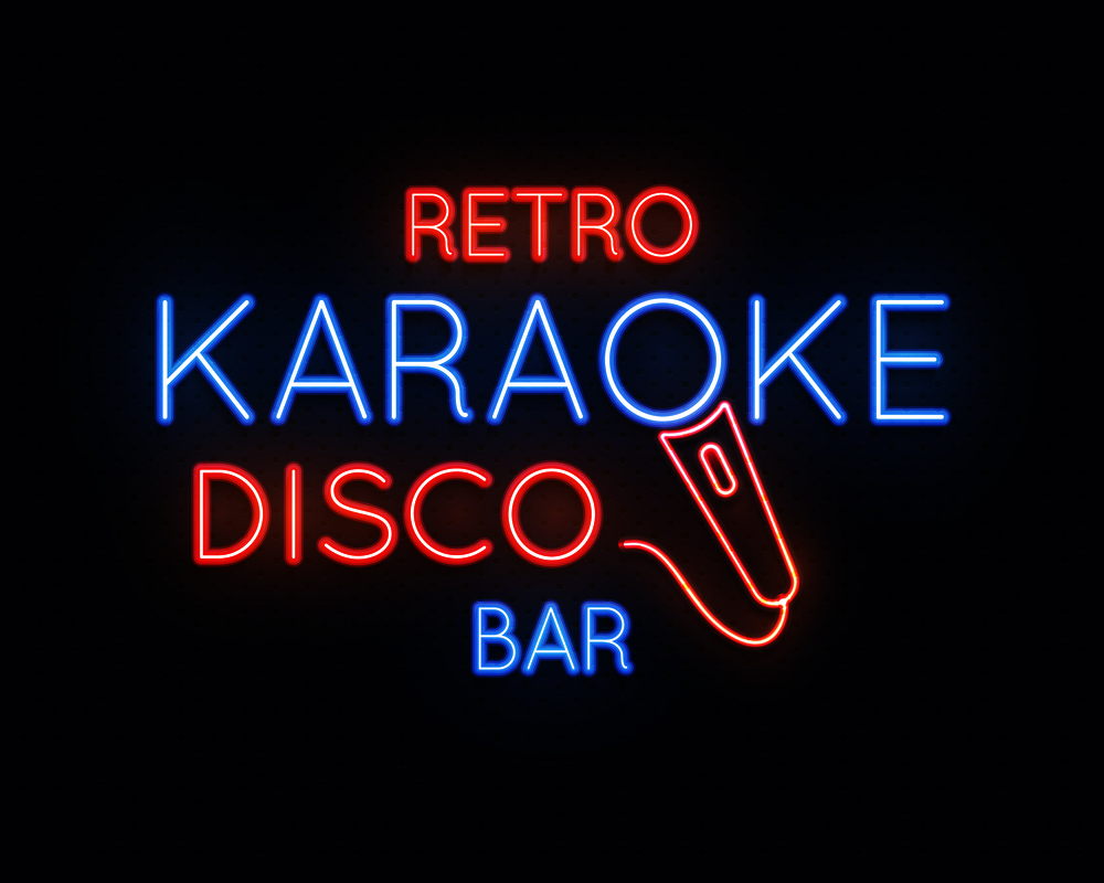 Retro disco karaoke bar neon light sign vector illustration. Neon light lamp glowing, karaoke club illumination. Retro disco karaoke bar neon light sign vector illustration