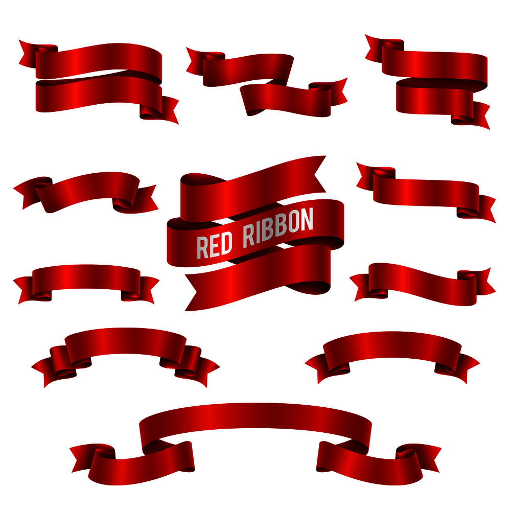 Silk red 3d ribbon banners vector set isolated. Illustration of red ribbon collection for decoration swirl. Silk red 3d ribbon banners vector set isolated