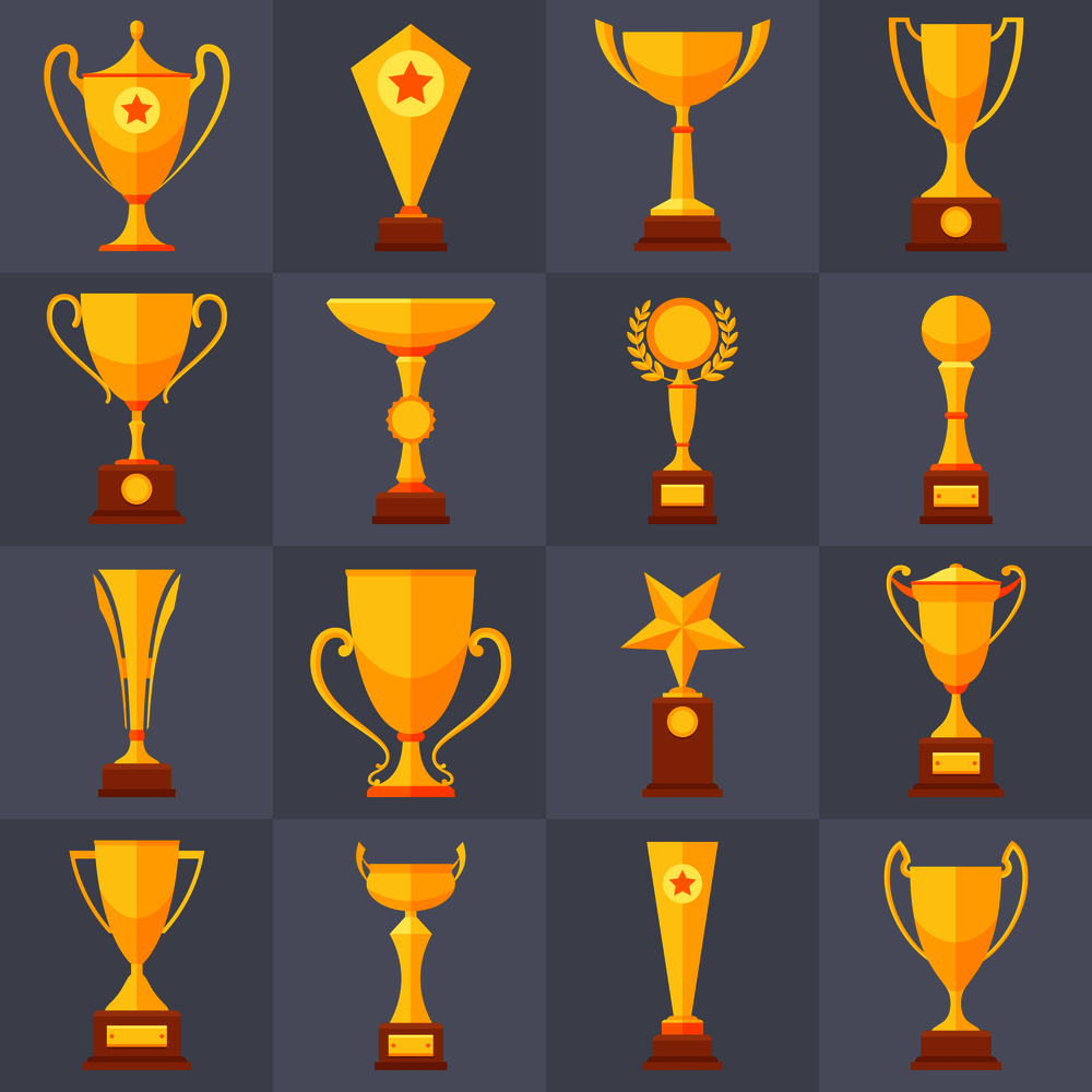 Winner trophy gold cups flat vector icons for sports victory concept. Sport award and prize, trophy cup illustration. Winner trophy gold cups flat vector icons for sports victory concept