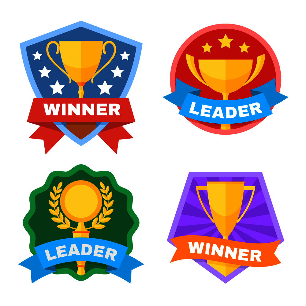 Achievement, champ and contest vector logo set with gold trophy cup. Sport trophy achievement, winner and leader illustration. Achievement, champ and contest vector logo set with gold trophy cup