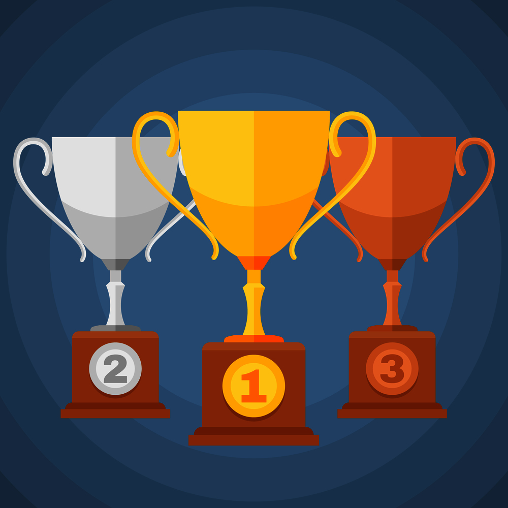 Gold, silver and bronze winners sports trophy cups. Vector classification icons. Set of trophy cups for award illustration. Gold, silver and bronze winners sports trophy cups. Vector classification icons